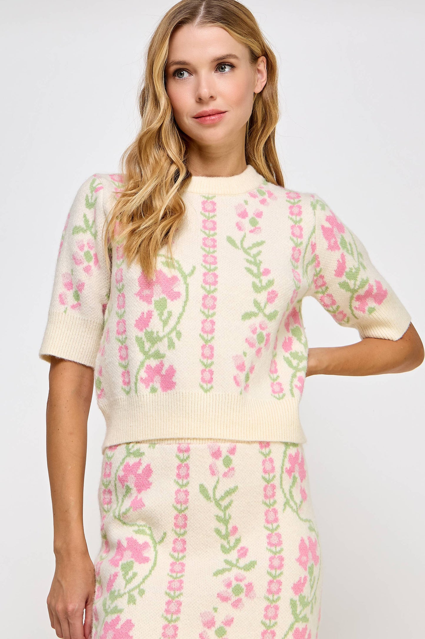 Strut & Bolt - Floral Intarsia Short Sleeve Sweater Top