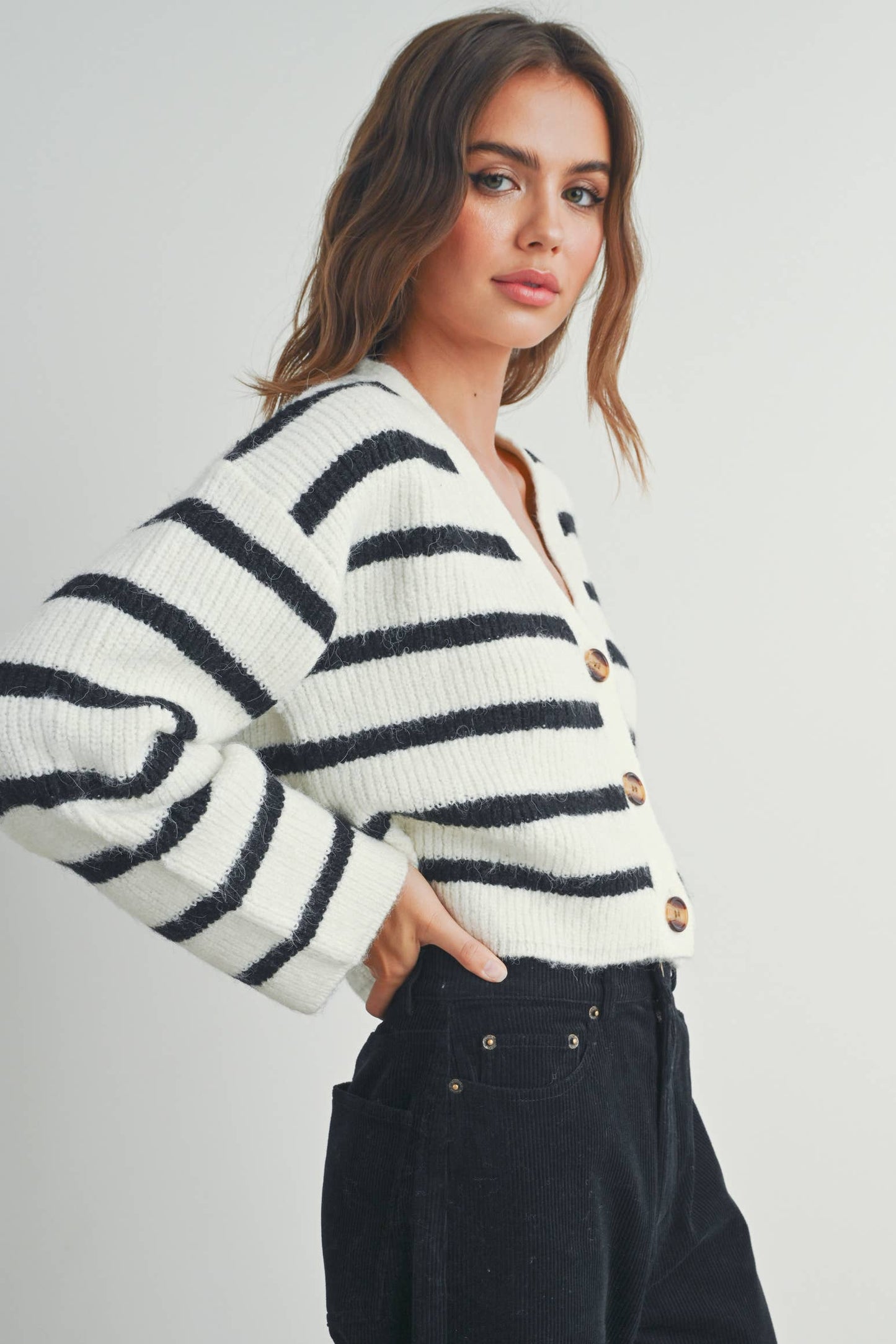 Buttermelon: Blue/mocha STRIPE COLOR BLOCK CROP FALL CARDIGAN