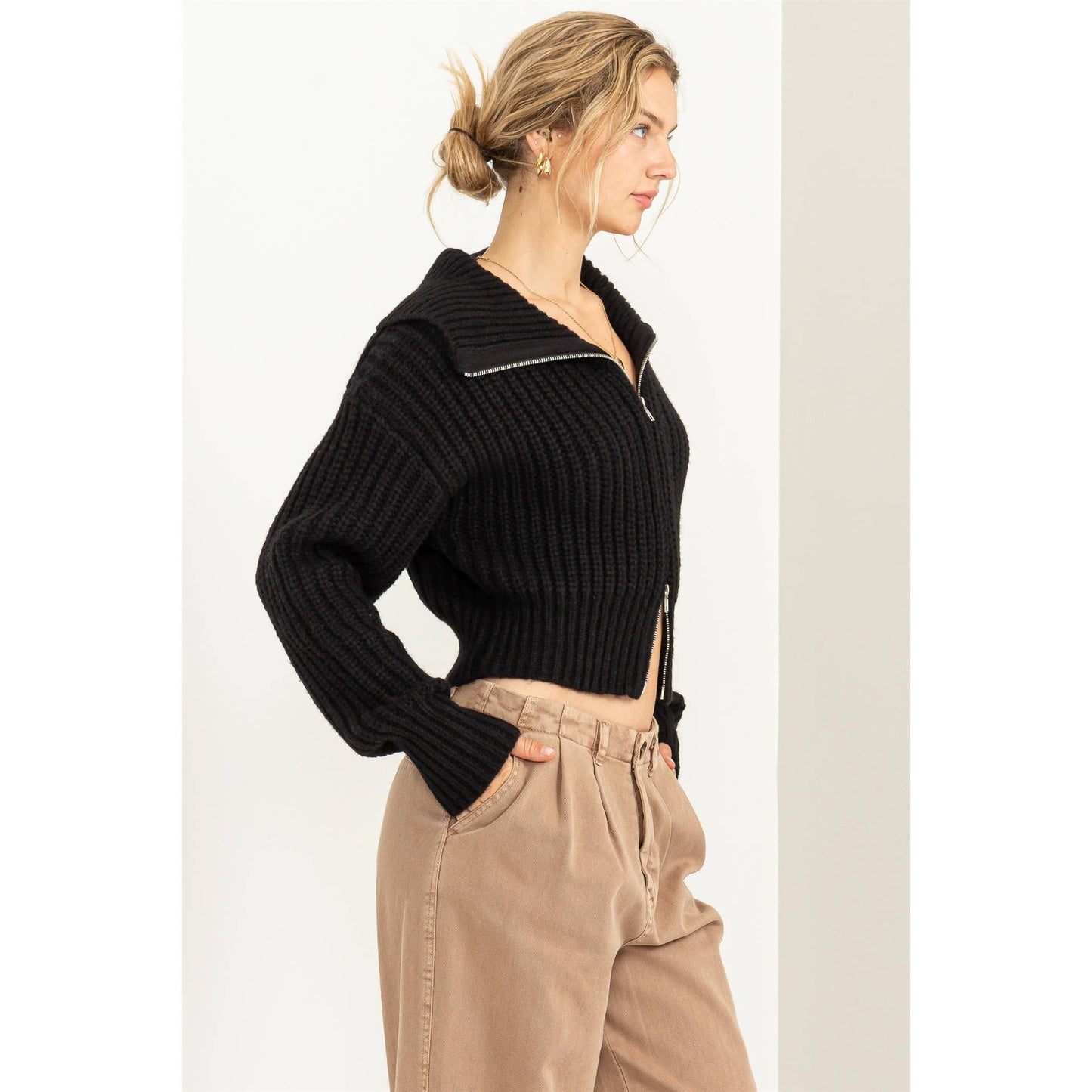 SUGAR CRUSH COLLARED DOUBLE ZIP CARDIGAN: CREAM