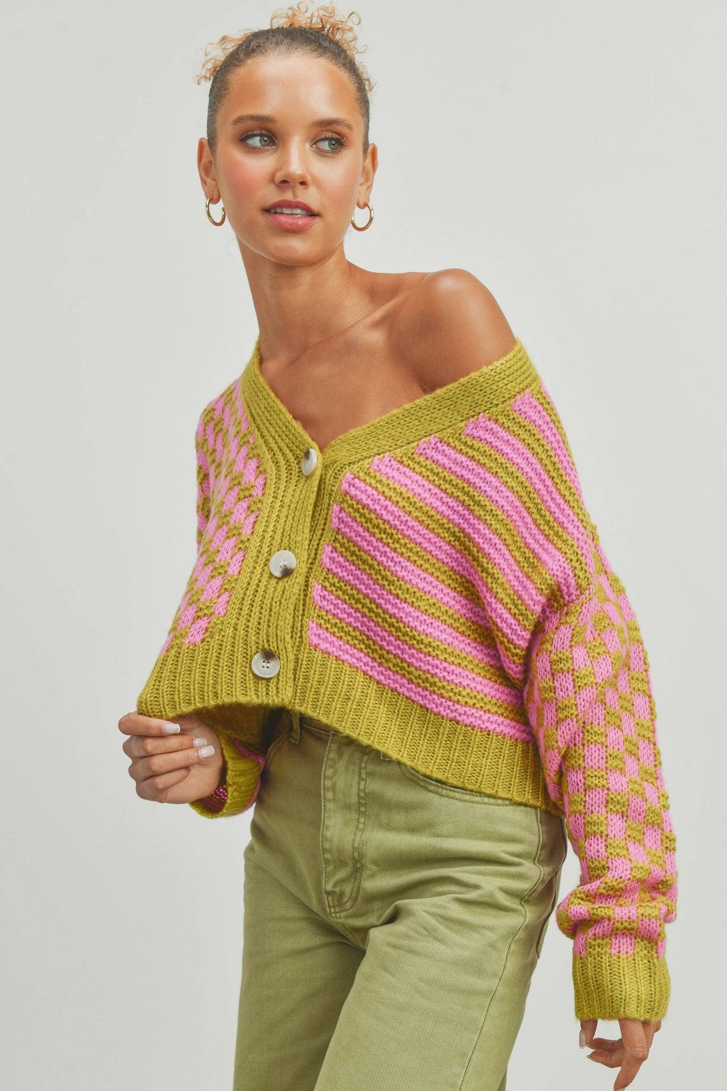 Buttermelon: OVERSIZED BUTTON DOWN Mauve/blue CHECKERED STRIPE CARDIGAN