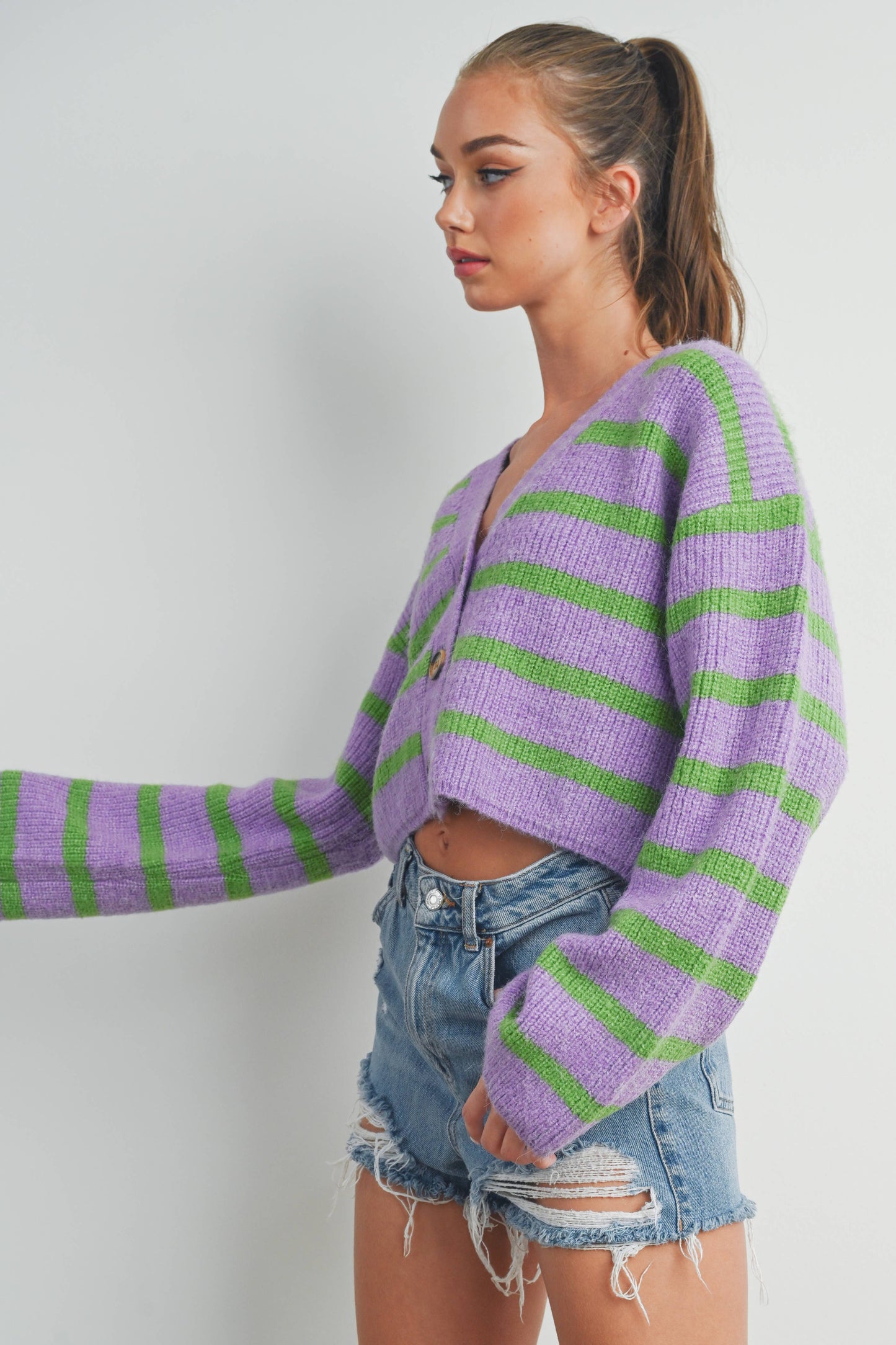 Buttermelon: Blue/mocha STRIPE COLOR BLOCK CROP FALL CARDIGAN