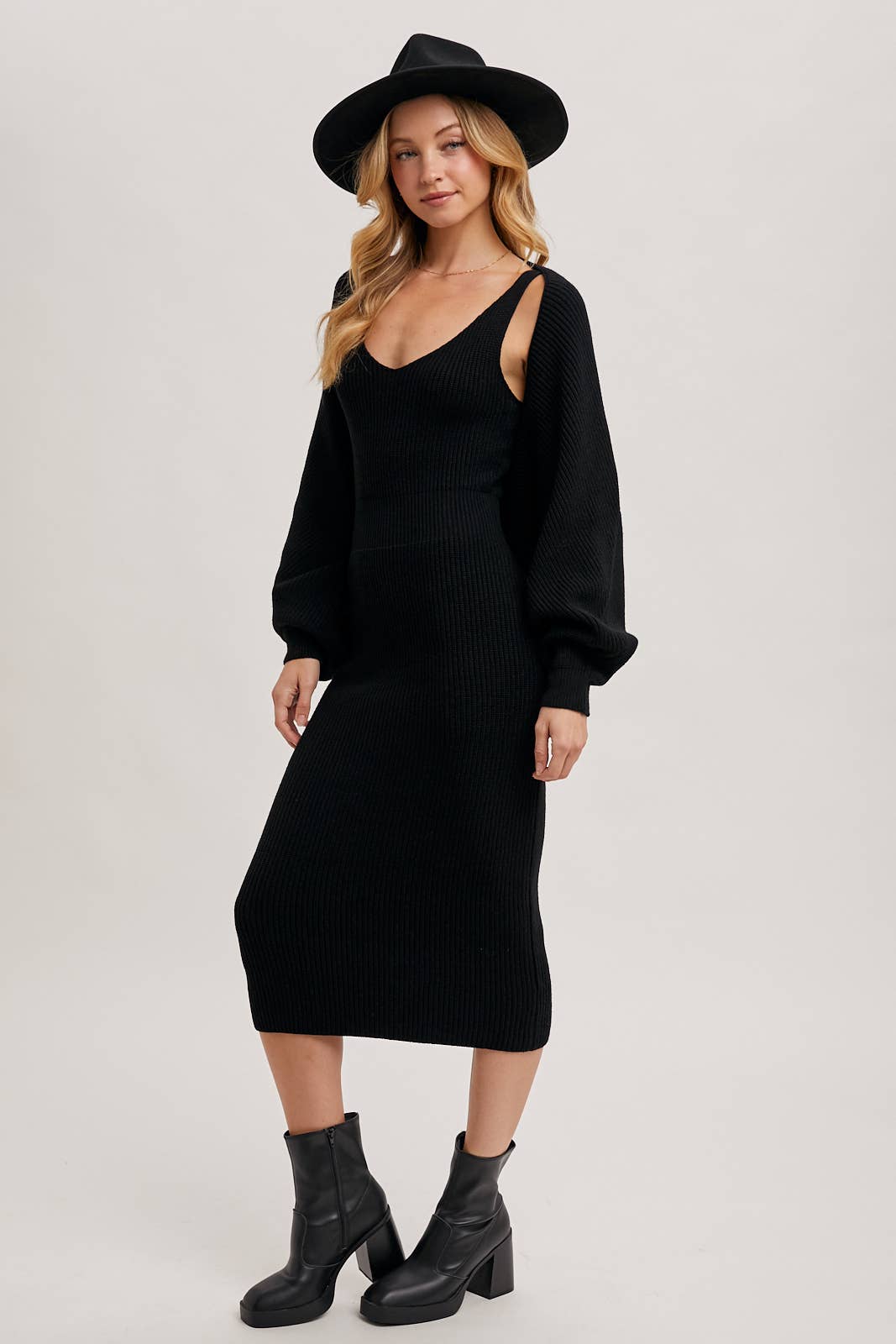 Bluivy - V-NECK KNIT MIDI DRESS AND KNIT SHRUG SET