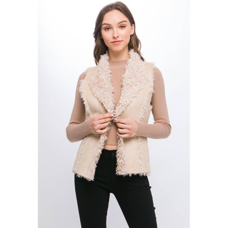 Lemon Tree: Shearling Suede Vest with Faux Fur Lining: KHAKI