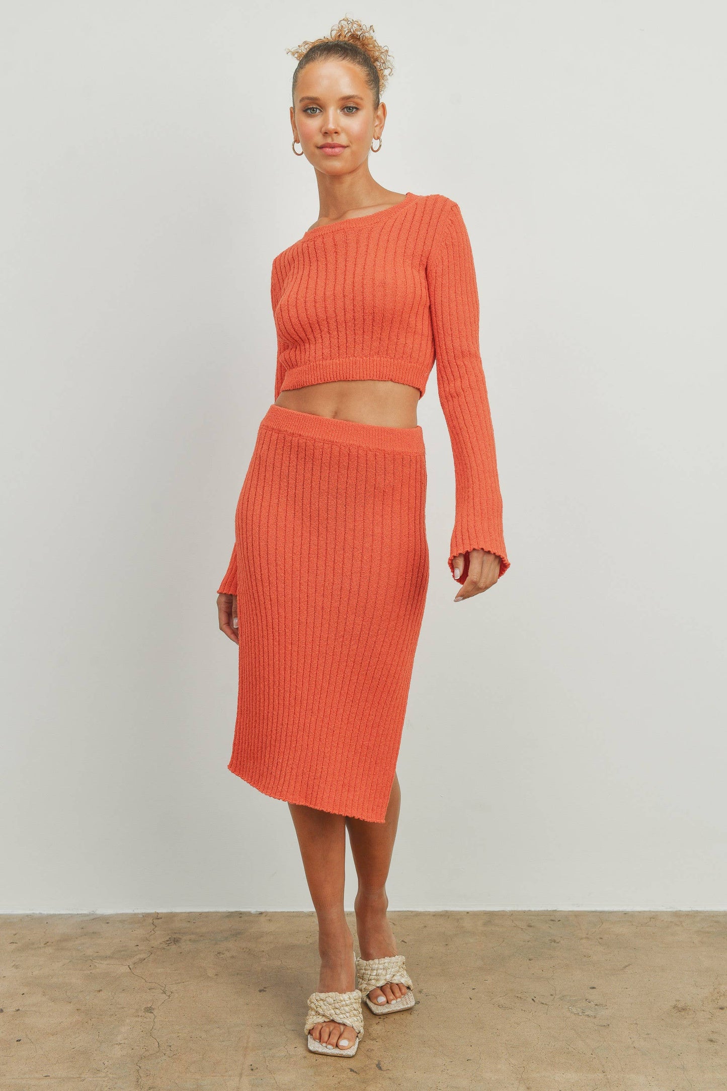 Butter Melon: BELL SLEEVE BROWN SOLID RIB SWEATER TOP AND SKIRT SET