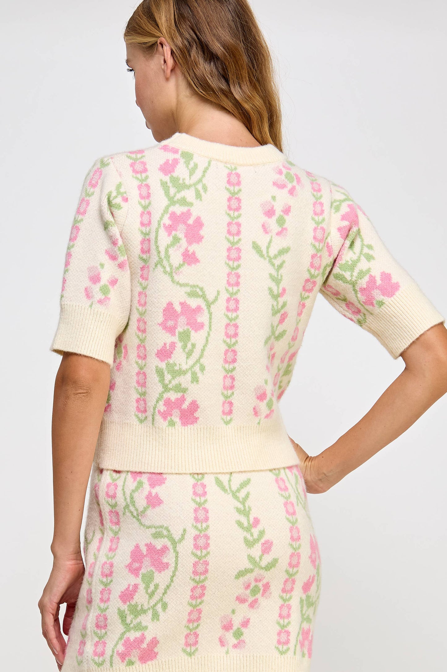 Strut & Bolt - Floral Intarsia Short Sleeve Sweater Top