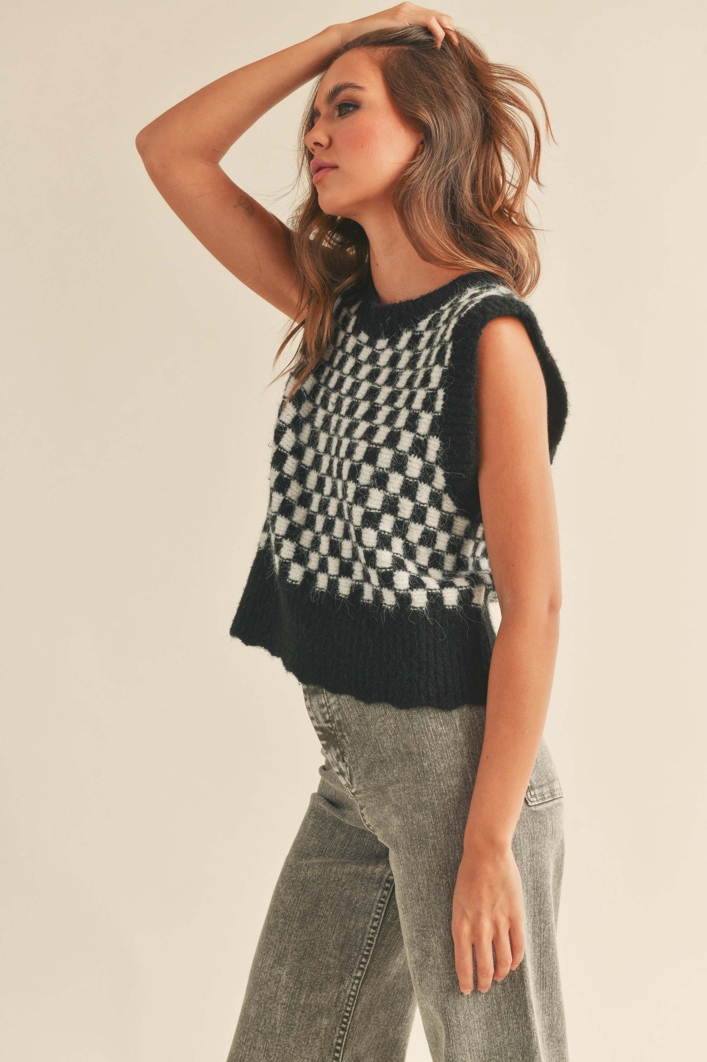 MIOU MUSE BLACK CHEKERBOARD PATTERN VEST: Black/white