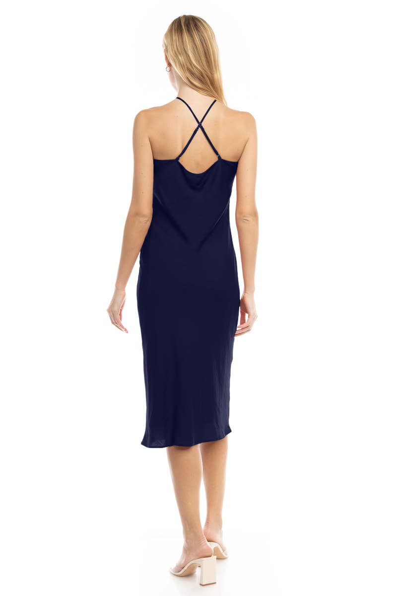 Naked Zebra Satin Halter Neck Midi Dress MIDNIGHT