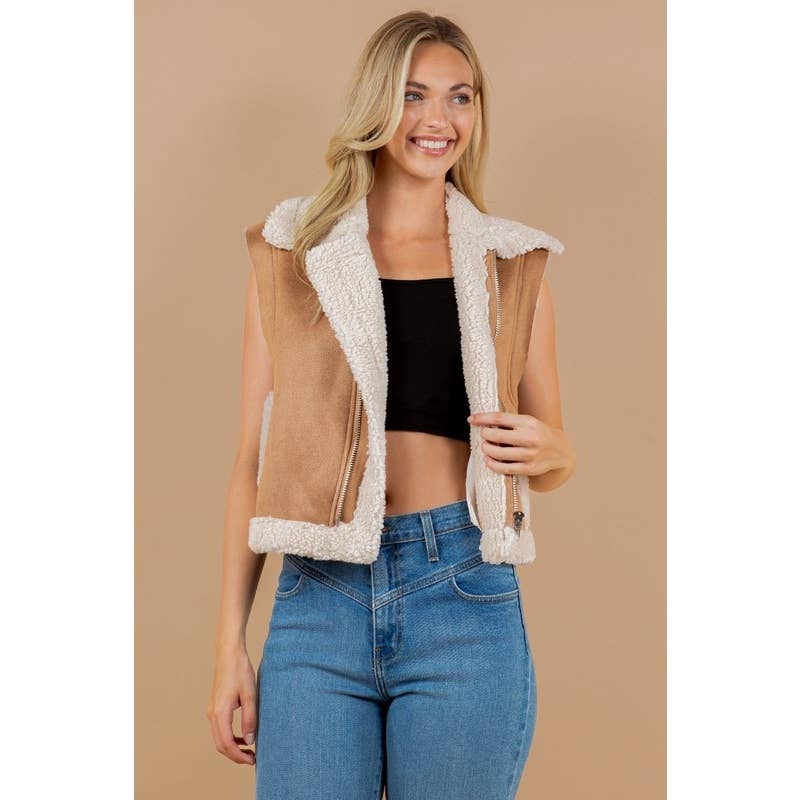 FALL OVER UP COLLARED FAUX FUR SUEDE SHERPA VEST CAMEL