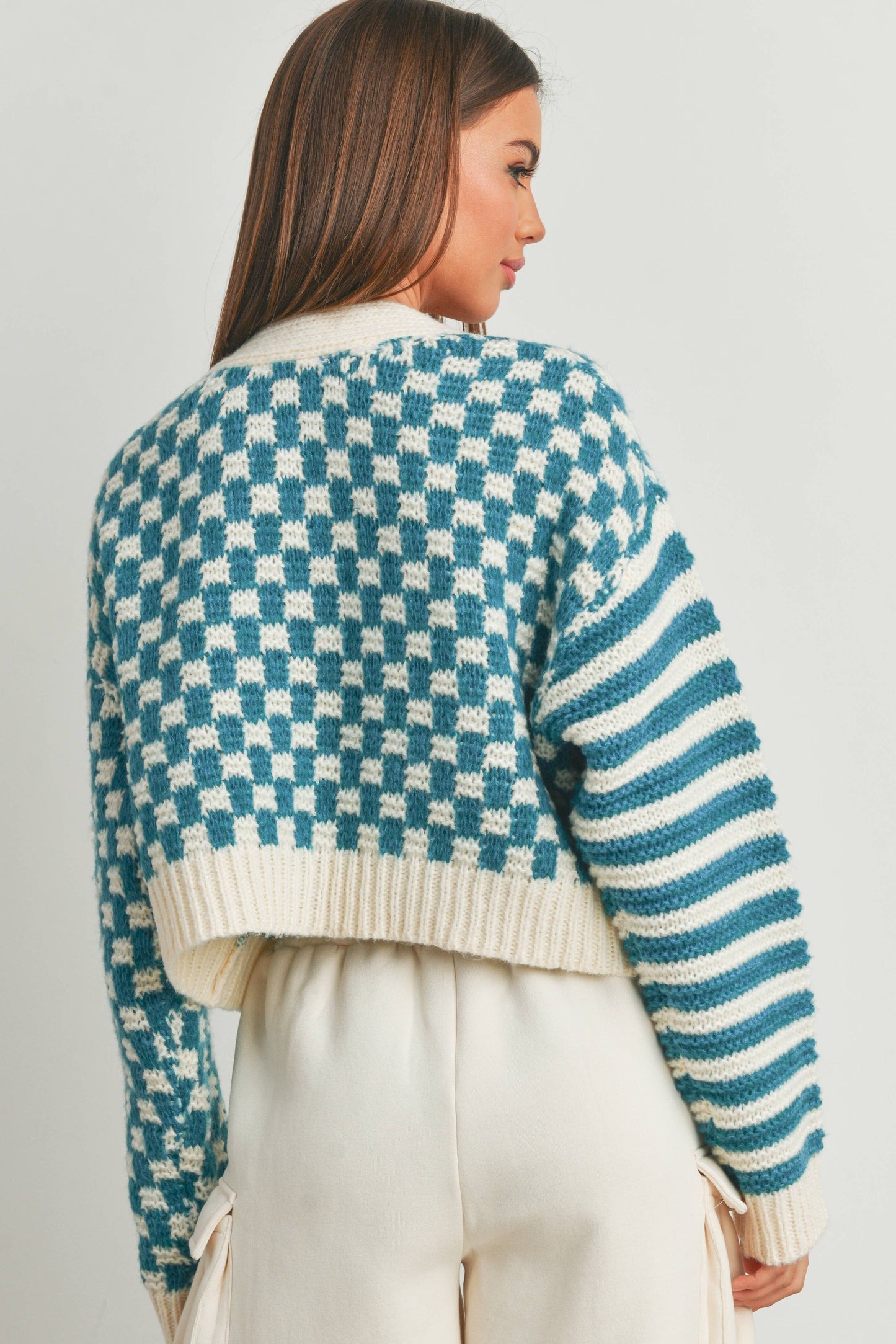 Buttermelon: OVERSIZED BUTTON DOWN Mauve/blue CHECKERED STRIPE CARDIGAN