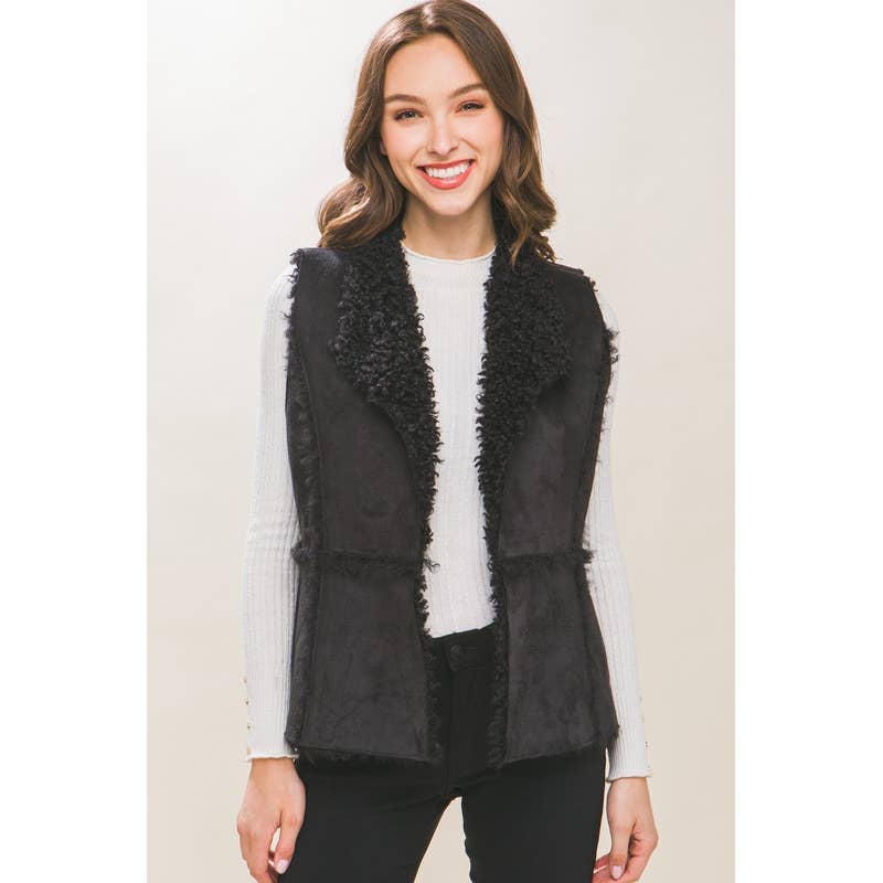 Lemon Tree: Shearling Suede Vest with Faux Fur Lining: KHAKI