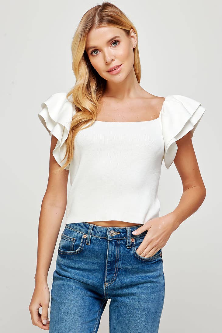 Strut & Bolt - Double Ruffled Short Sleeve Knit Top White