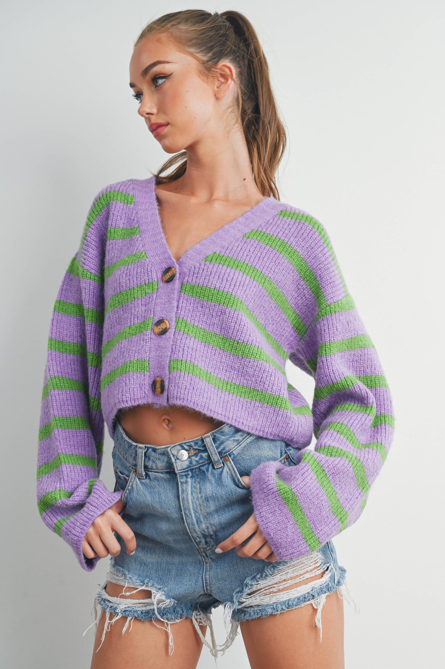 Buttermelon: Blue/mocha STRIPE COLOR BLOCK CROP FALL CARDIGAN