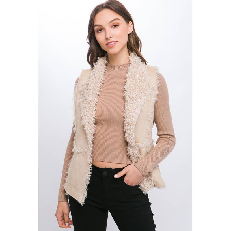 Lemon Tree: Shearling Suede Vest with Faux Fur Lining: KHAKI