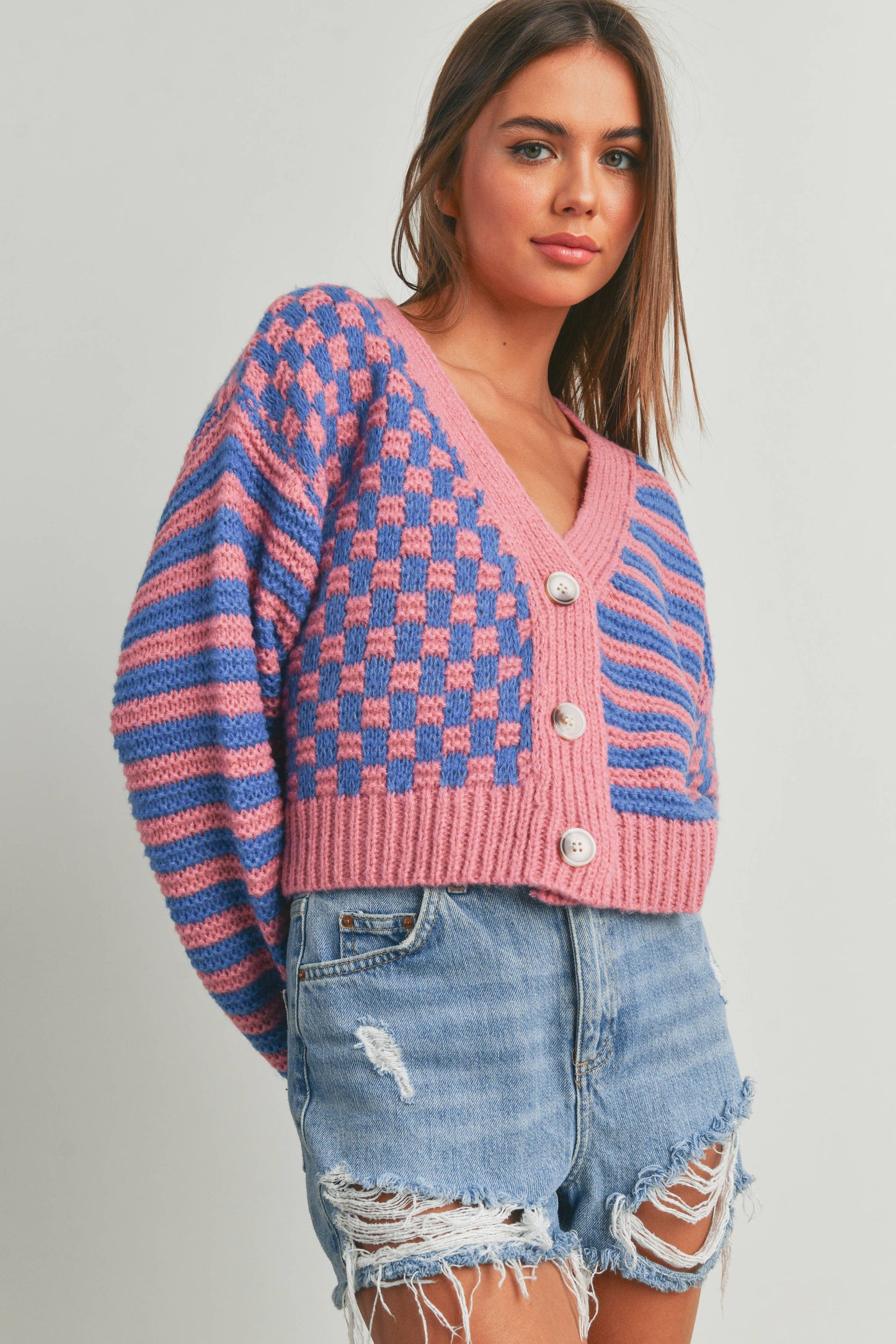 Buttermelon: OVERSIZED BUTTON DOWN Mauve/blue CHECKERED STRIPE CARDIGAN