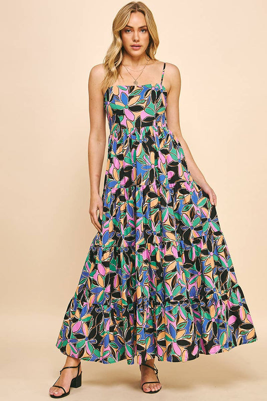 PINCH - SLEEVELESS TIERED MAXI DRESS - BLACK MULTI