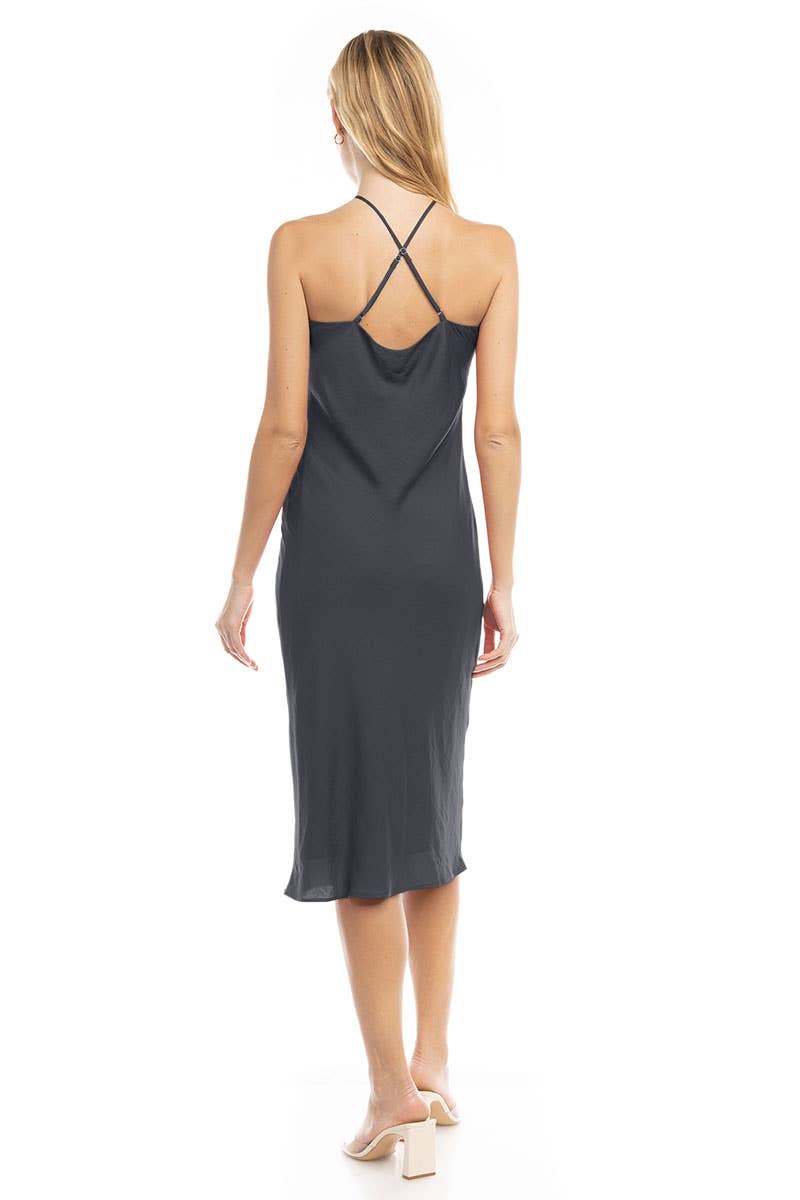 Naked Zebra Satin Halter Neck Midi Dress MIDNIGHT