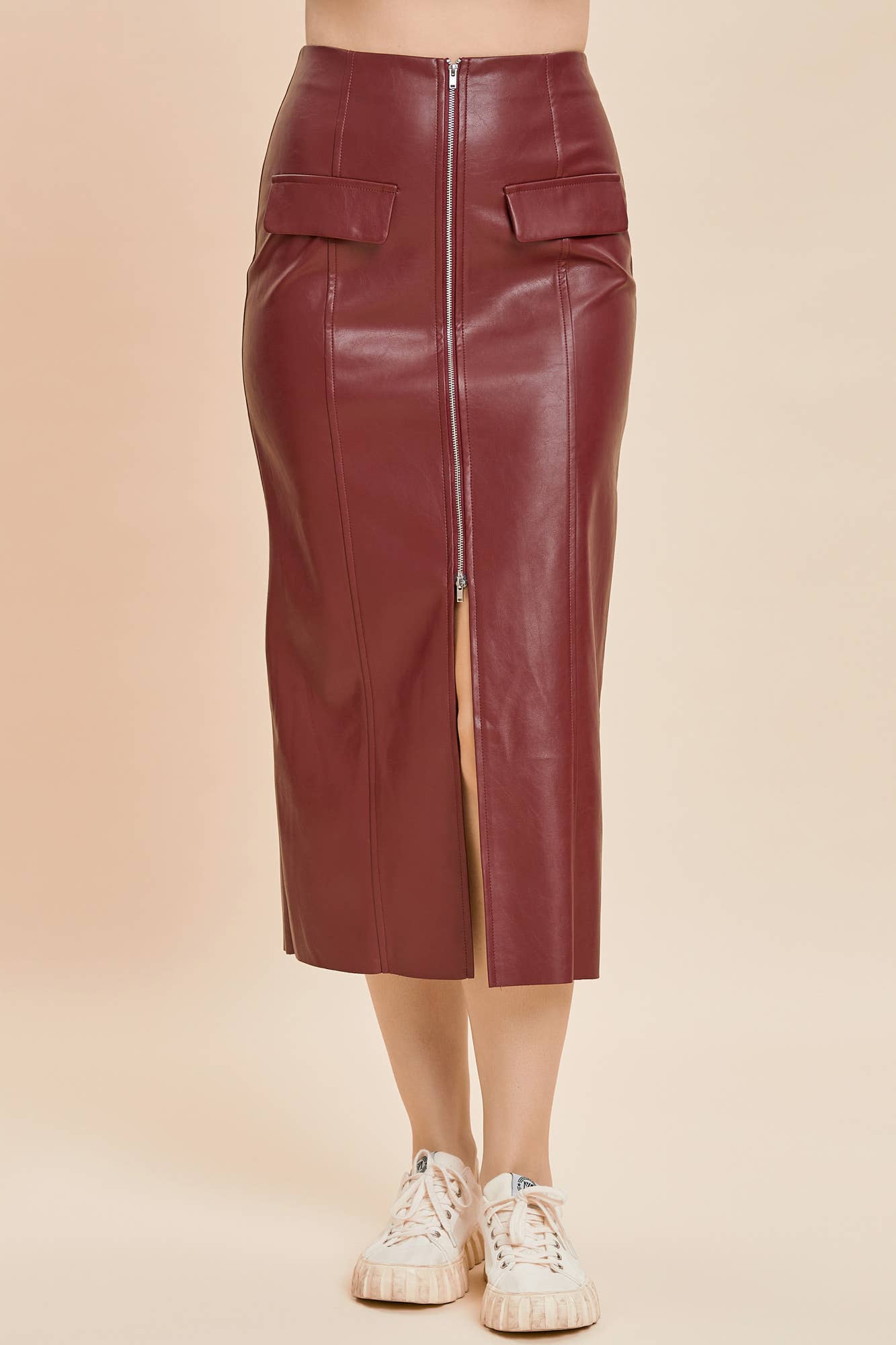 TWO WAY ZIPPER LEATHER SKIRT: DK.BEIGE