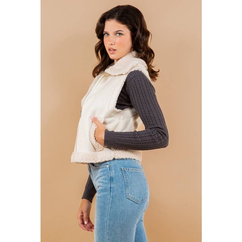 FALL OVER UP COLLARED FAUX FUR SUEDE SHERPA VEST CAMEL