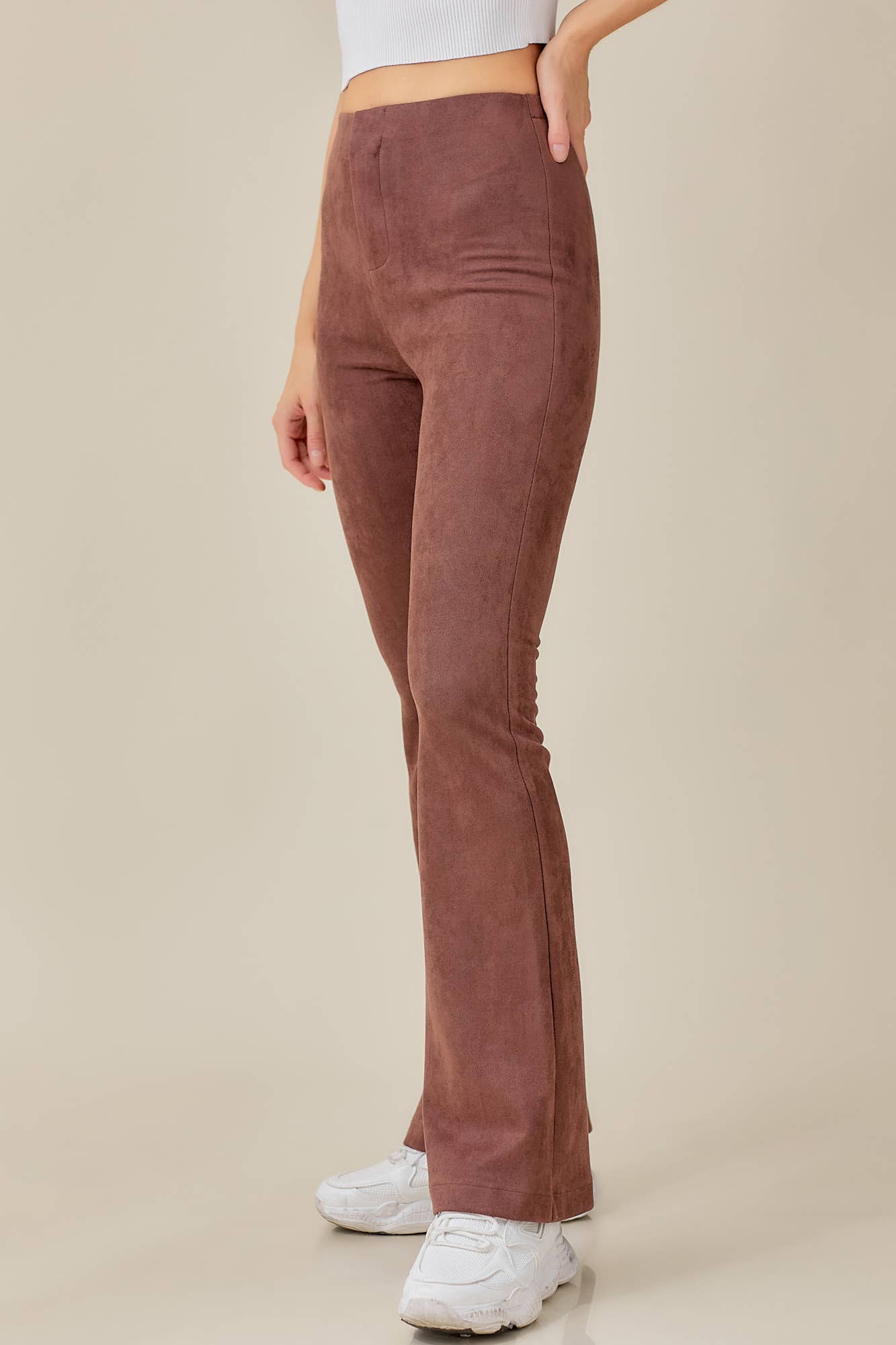 ELASTIC HIGH WAIST SUEDE PANTS: CHOCO BROWN