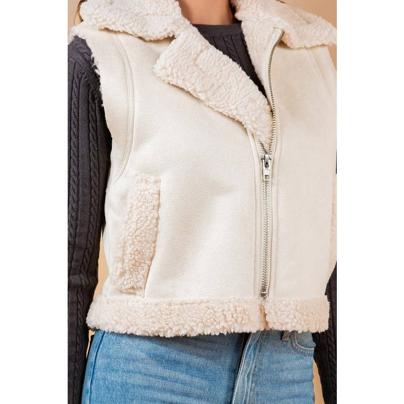 FALL OVER UP COLLARED FAUX FUR SUEDE SHERPA VEST CAMEL