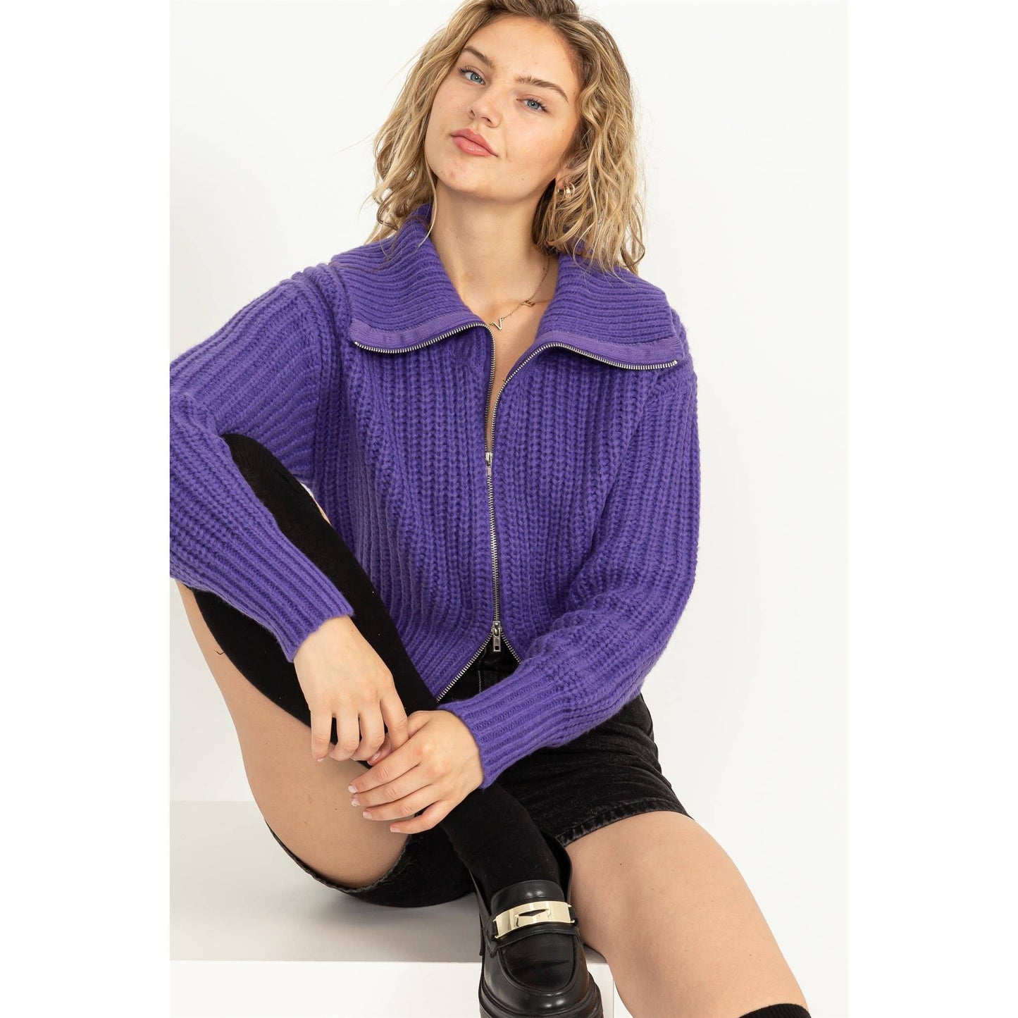 SUGAR CRUSH COLLARED DOUBLE ZIP CARDIGAN: GRAY GREEN