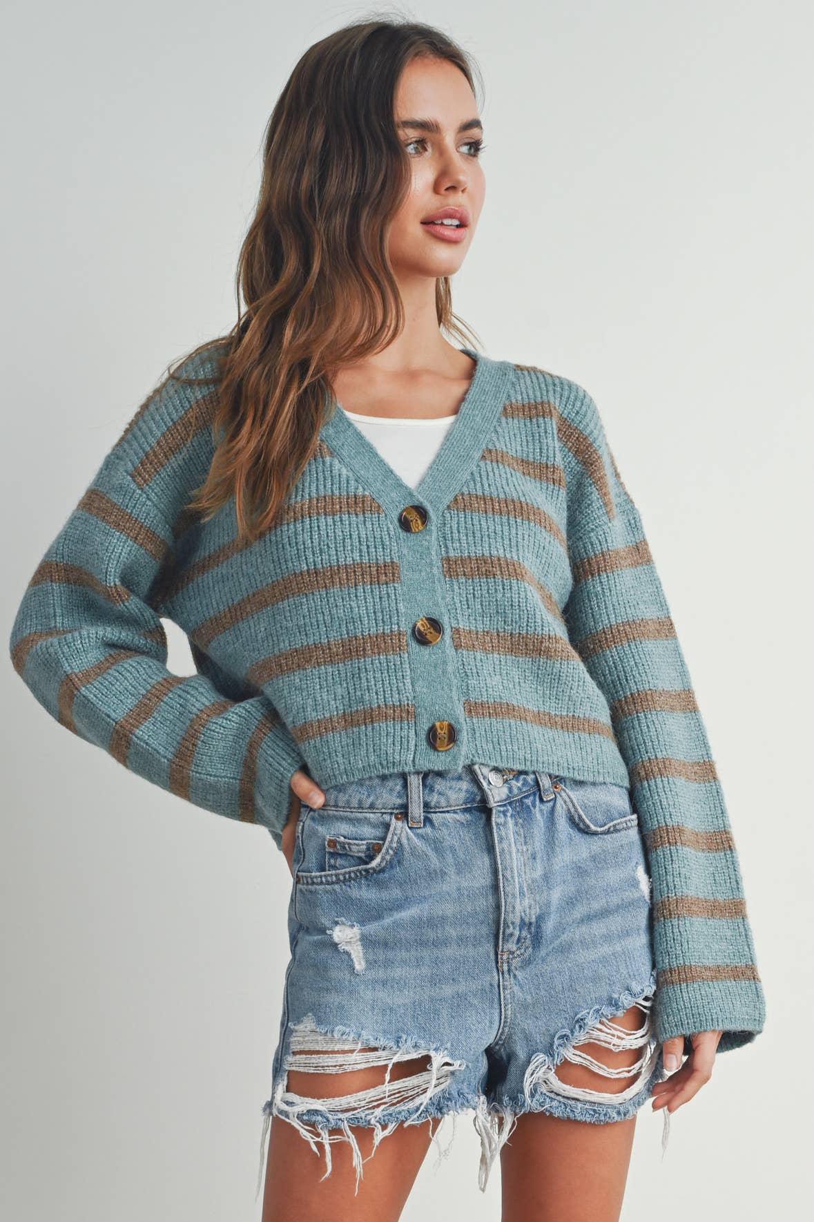 Buttermelon: Blue/mocha STRIPE COLOR BLOCK CROP FALL CARDIGAN
