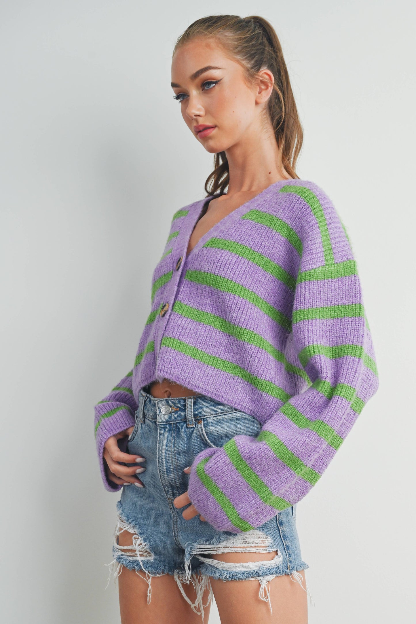 Buttermelon: Blue/mocha STRIPE COLOR BLOCK CROP FALL CARDIGAN