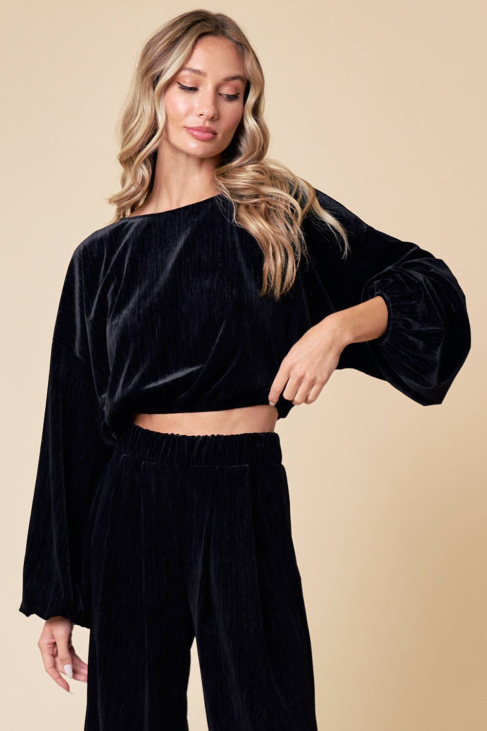 Saints & Hearts: BLACK HOLIDAY LONG SLEEVE VELVET CROP TOP