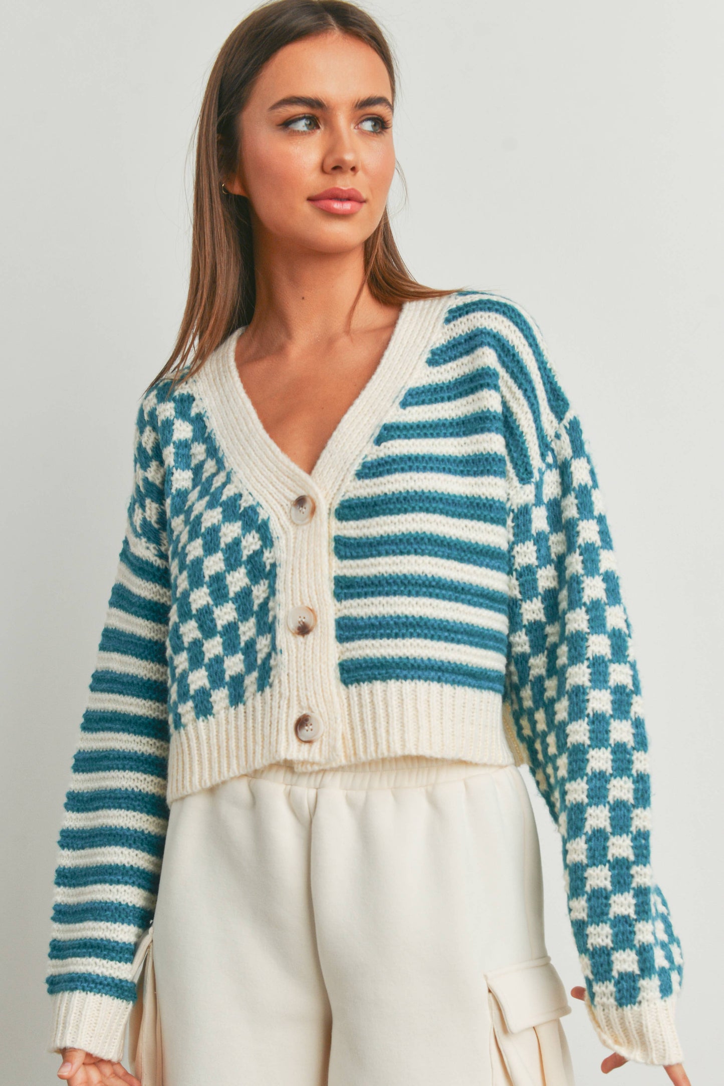 Buttermelon: OVERSIZED BUTTON DOWN Mauve/blue CHECKERED STRIPE CARDIGAN