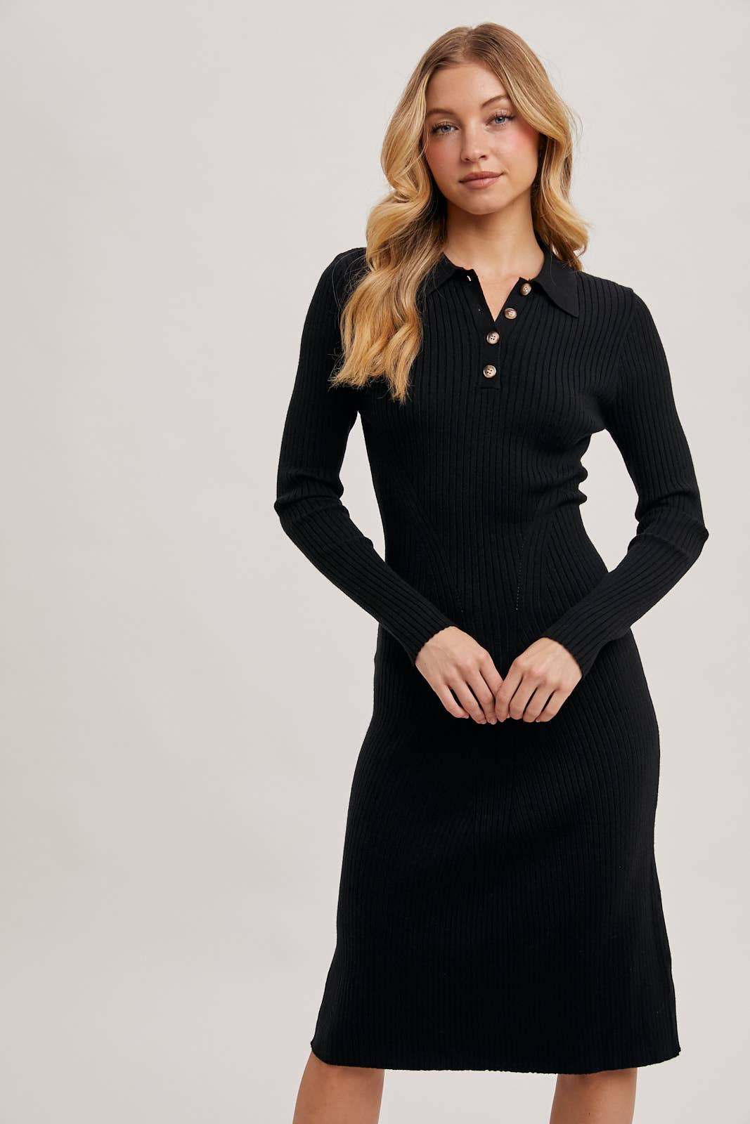 Bluivy - RIBBED KNIT HALF BUTTON SHIRT MIDI DRESS