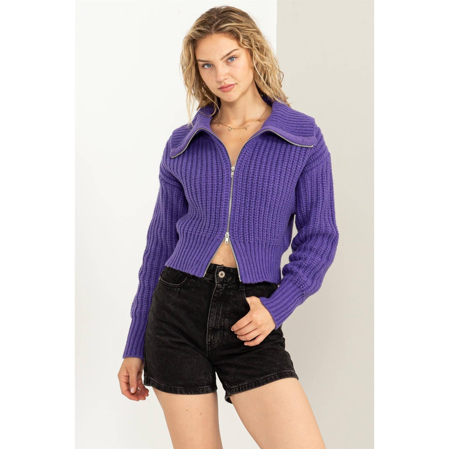 SUGAR CRUSH COLLARED DOUBLE ZIP CARDIGAN: CREAM