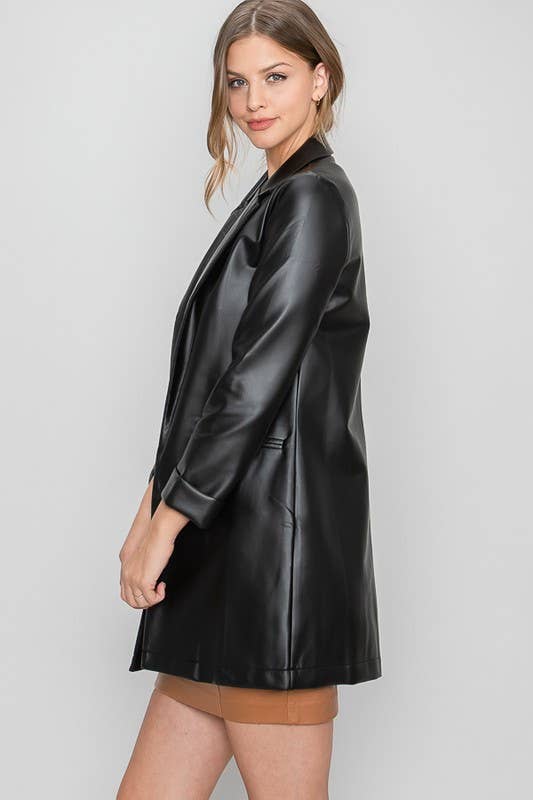 Lemon Tree: Black Pleather Oversized Blazer Jacket