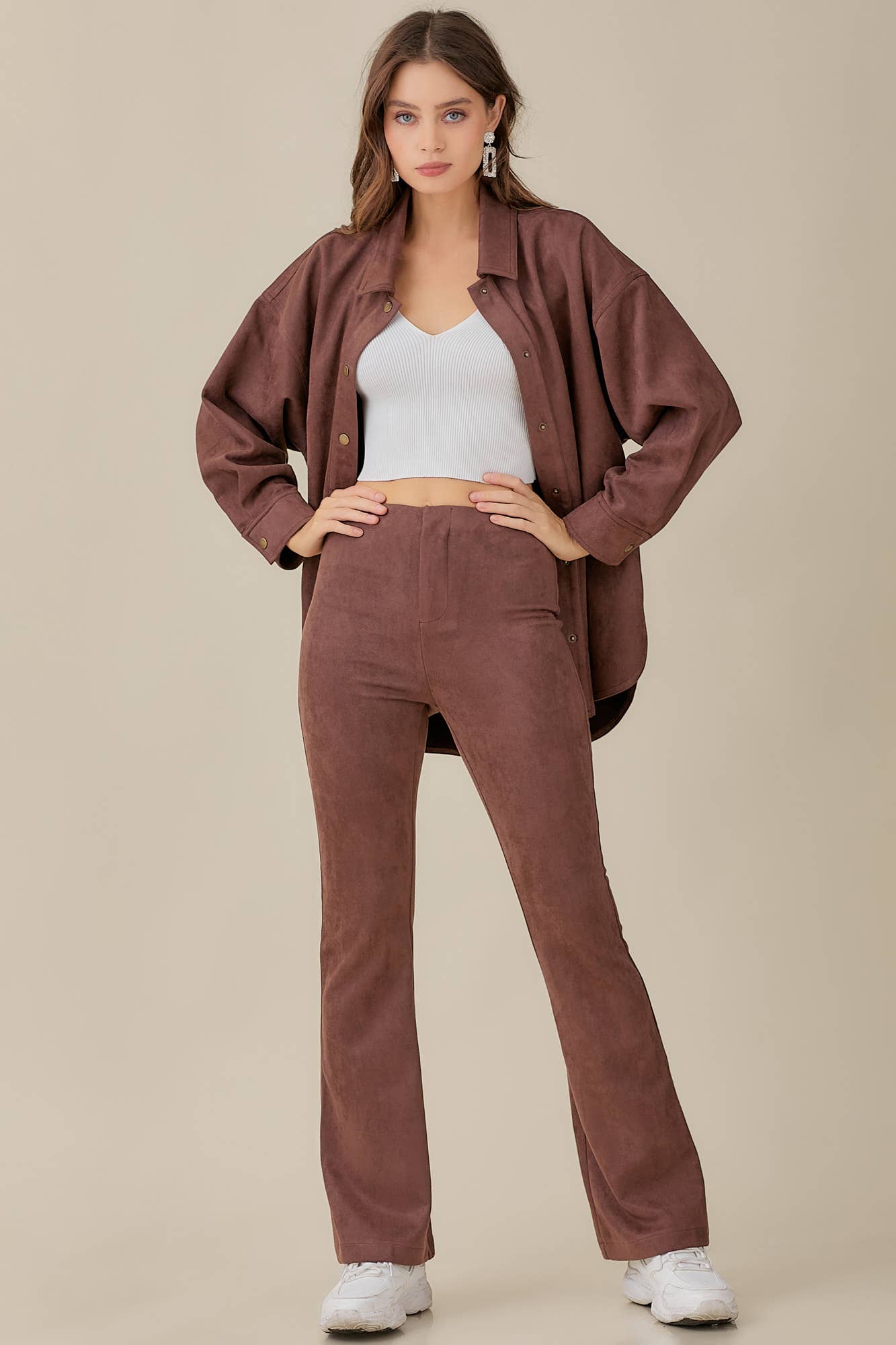 ELASTIC HIGH WAIST SUEDE PANTS: CHOCO BROWN