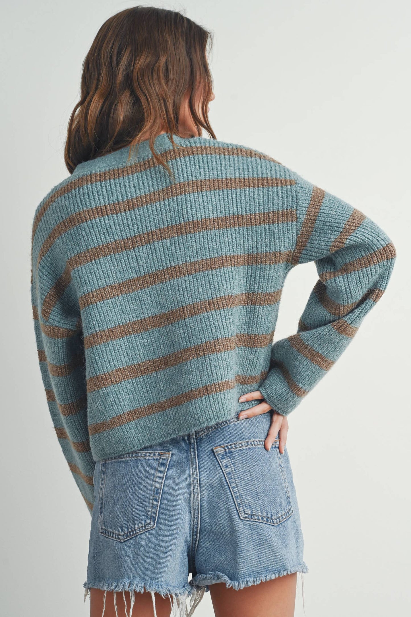 Buttermelon: Blue/mocha STRIPE COLOR BLOCK CROP FALL CARDIGAN