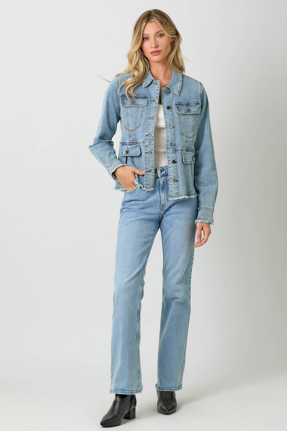 Mystree - Washed Denim Peplum Jacket