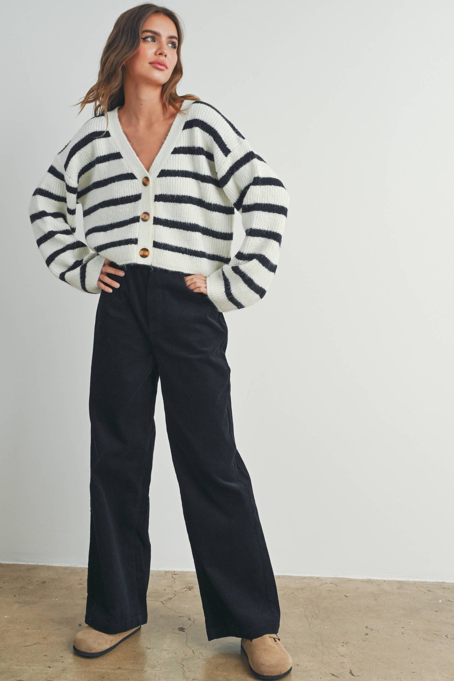 Buttermelon: Blue/mocha STRIPE COLOR BLOCK CROP FALL CARDIGAN