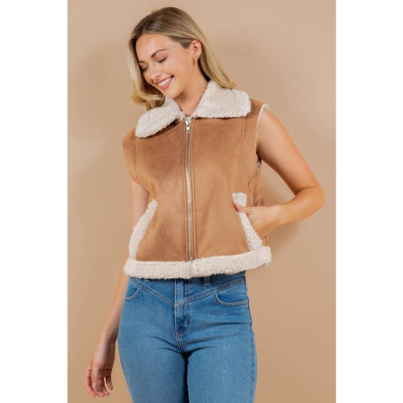 FALL OVER UP COLLARED FAUX FUR SUEDE SHERPA VEST CAMEL