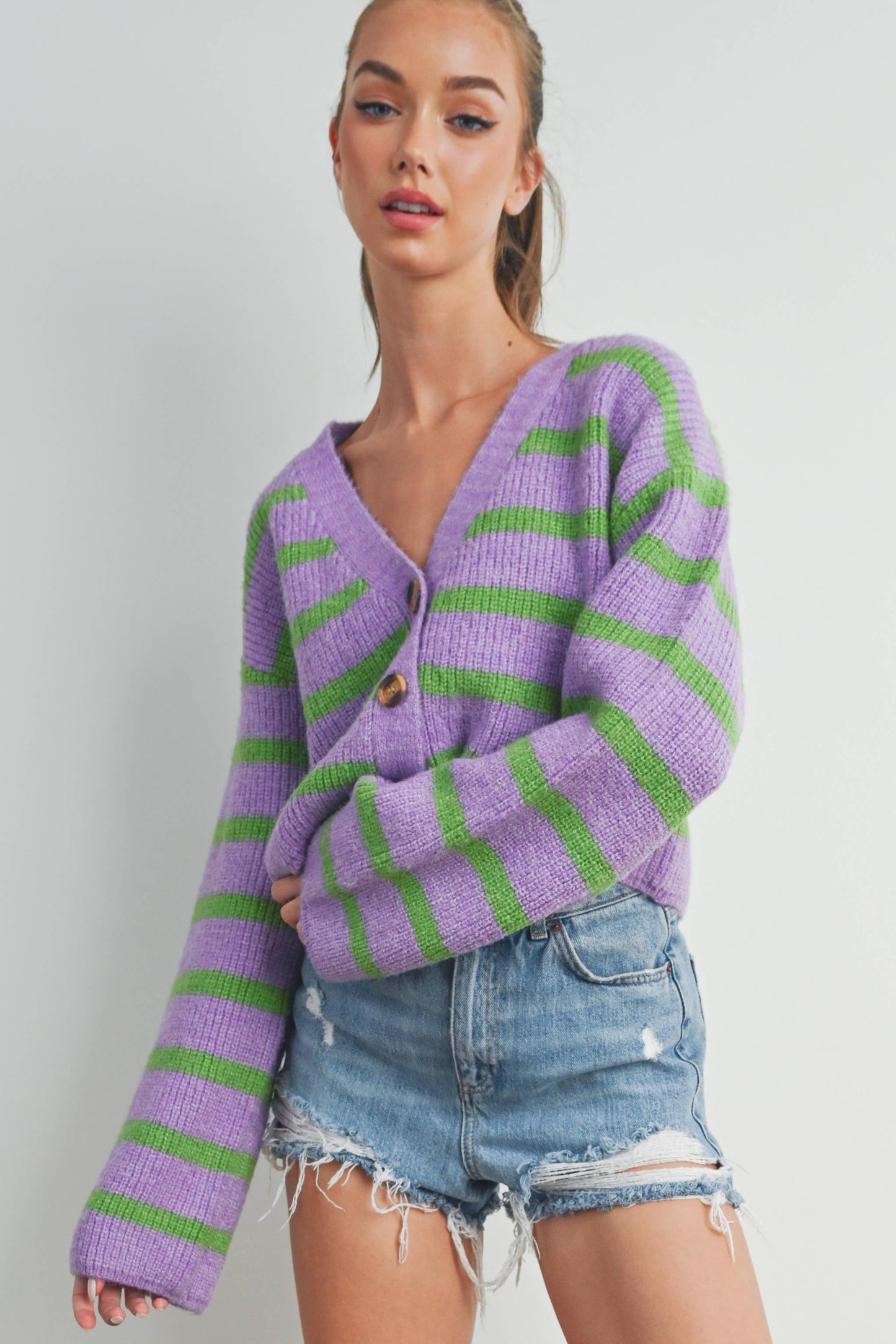 Buttermelon: Blue/mocha STRIPE COLOR BLOCK CROP FALL CARDIGAN
