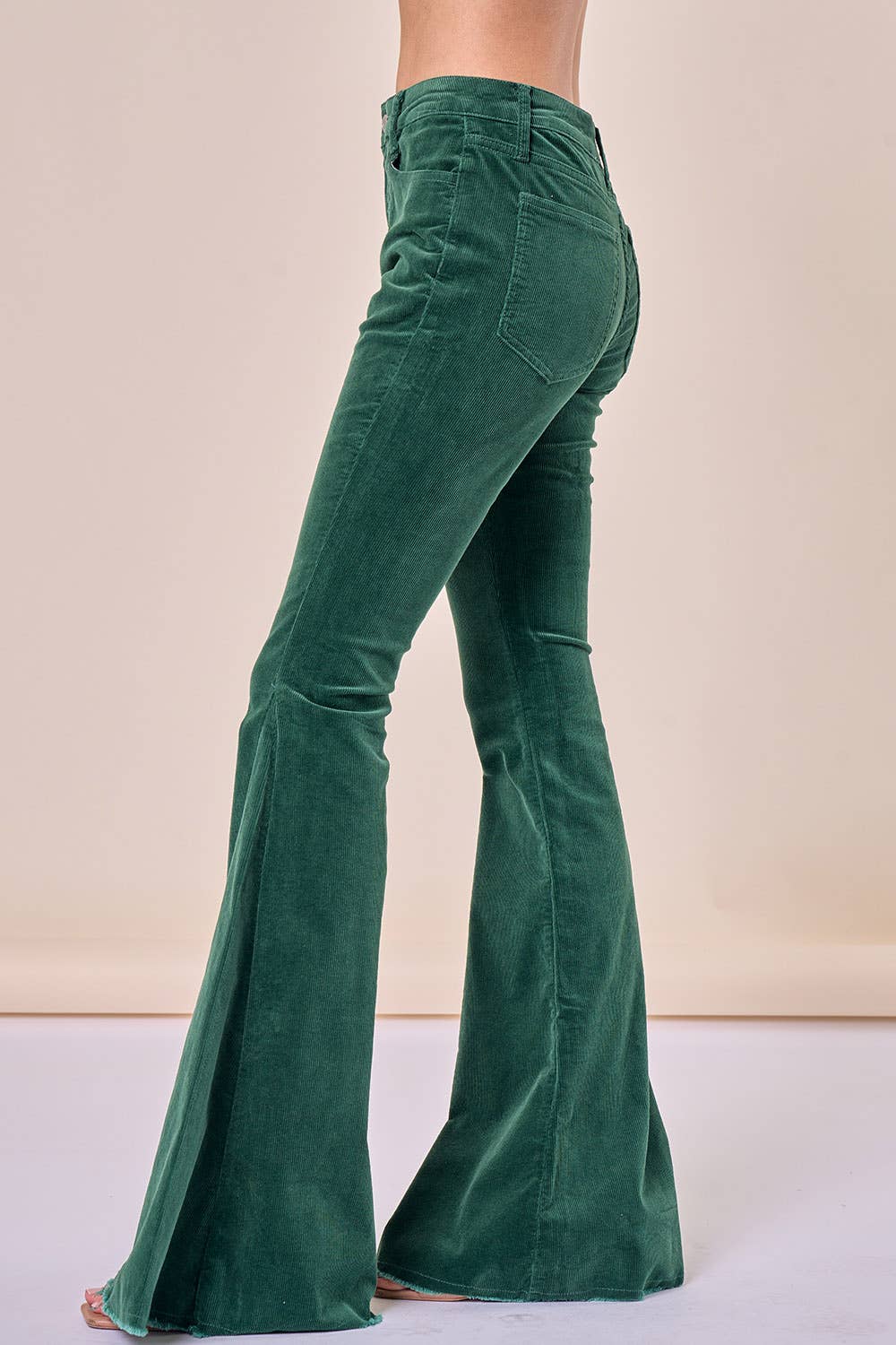 Saints & Hearts: HUNTER GREEN CORDUROY FLARES DISTRESSED HEM