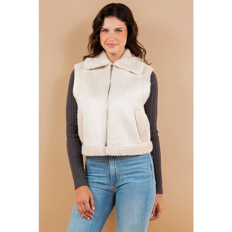 FALL OVER UP COLLARED FAUX FUR SUEDE SHERPA VEST CAMEL