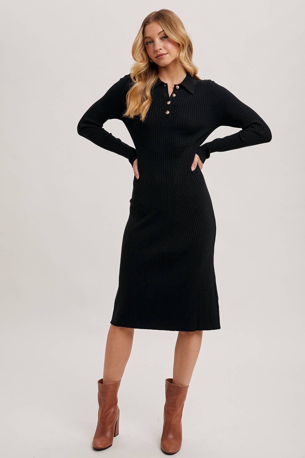 Bluivy - RIBBED KNIT HALF BUTTON SHIRT MIDI DRESS