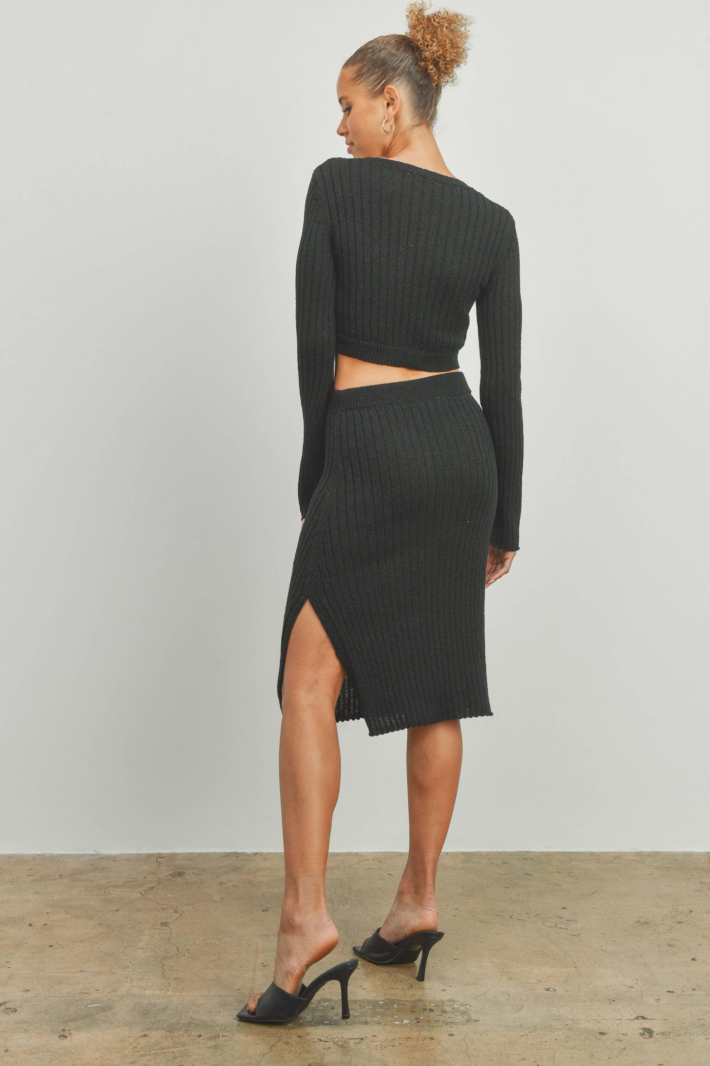 Butter Melon: BELL SLEEVE BROWN SOLID RIB SWEATER TOP AND SKIRT SET