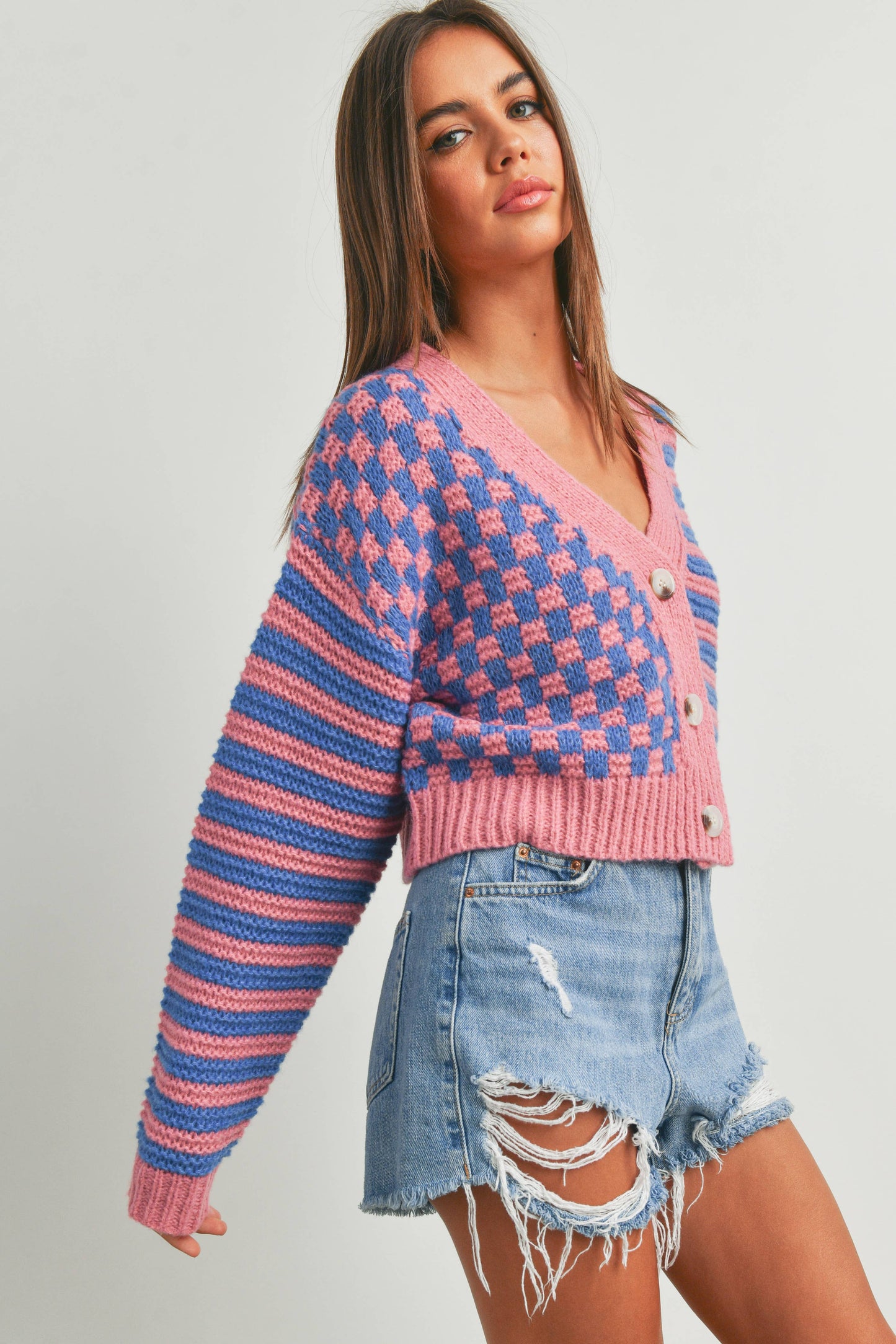 Buttermelon: OVERSIZED BUTTON DOWN Mauve/blue CHECKERED STRIPE CARDIGAN