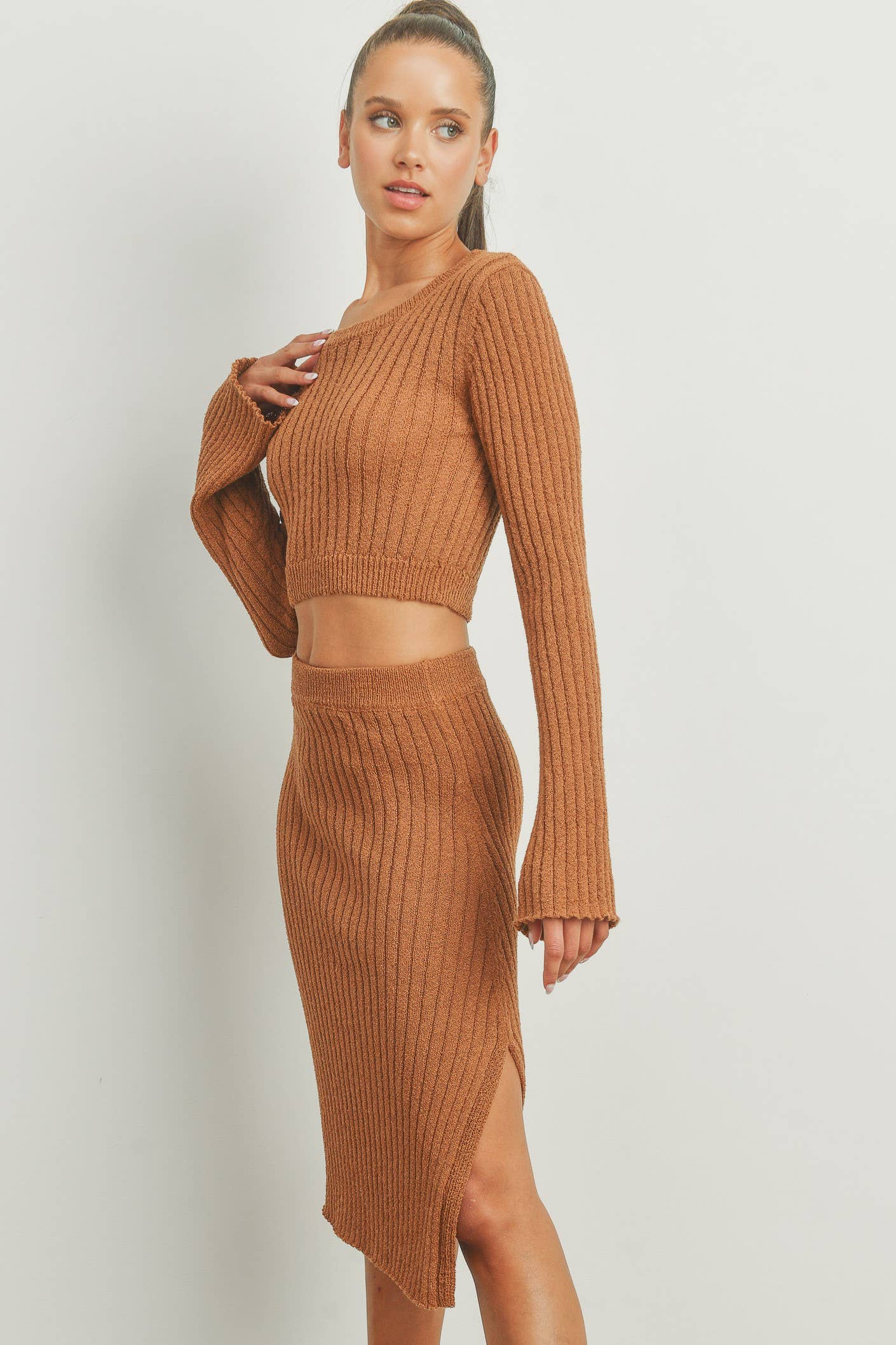 Butter Melon: BELL SLEEVE BROWN SOLID RIB SWEATER TOP AND SKIRT SET