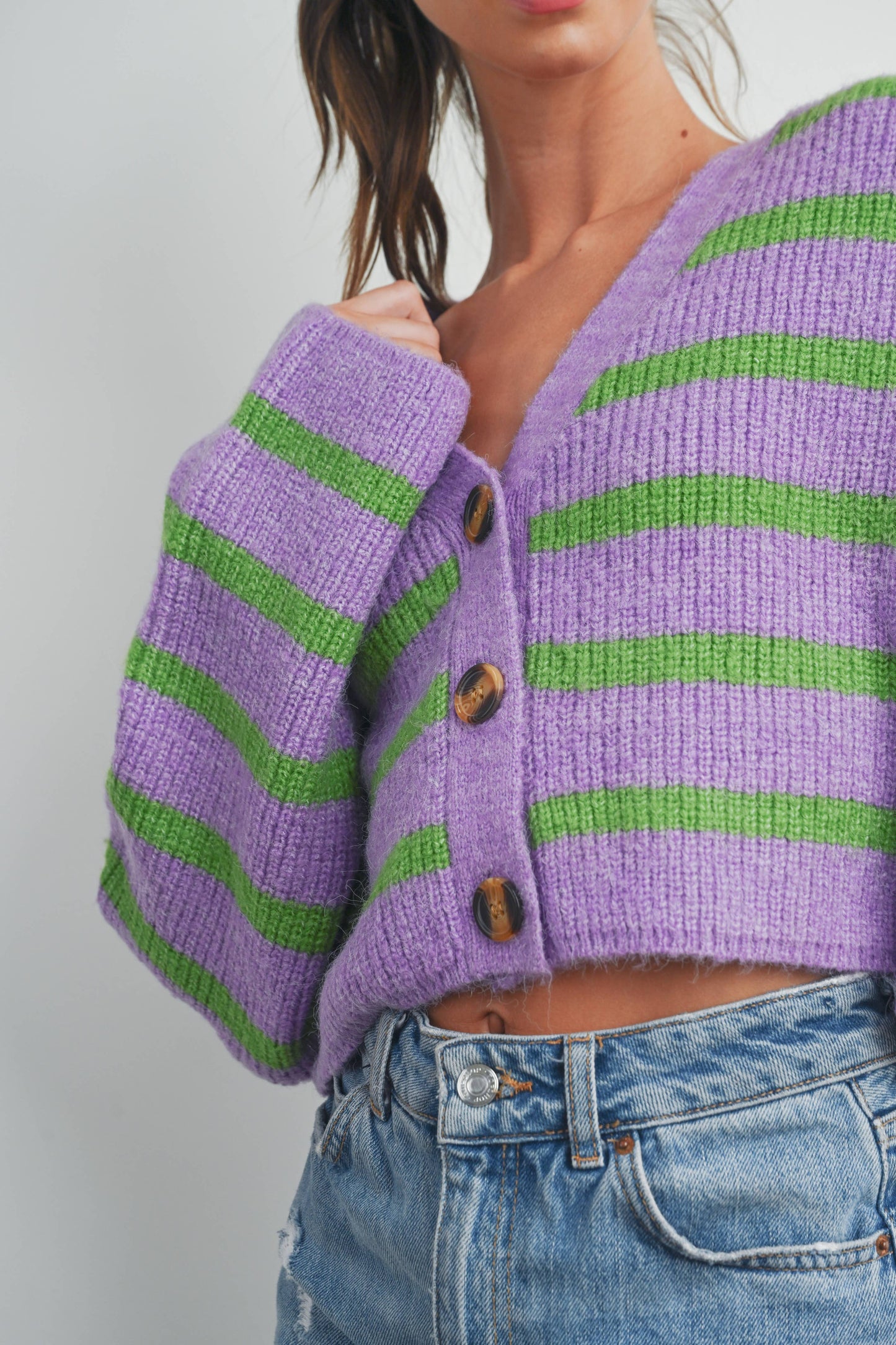 Buttermelon: Blue/mocha STRIPE COLOR BLOCK CROP FALL CARDIGAN