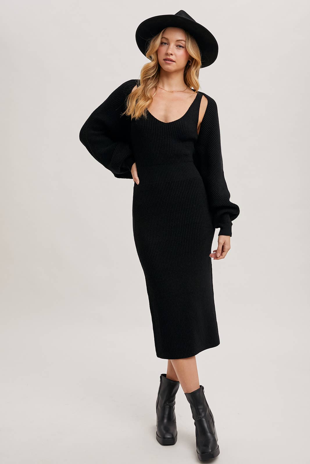 Bluivy - V-NECK KNIT MIDI DRESS AND KNIT SHRUG SET