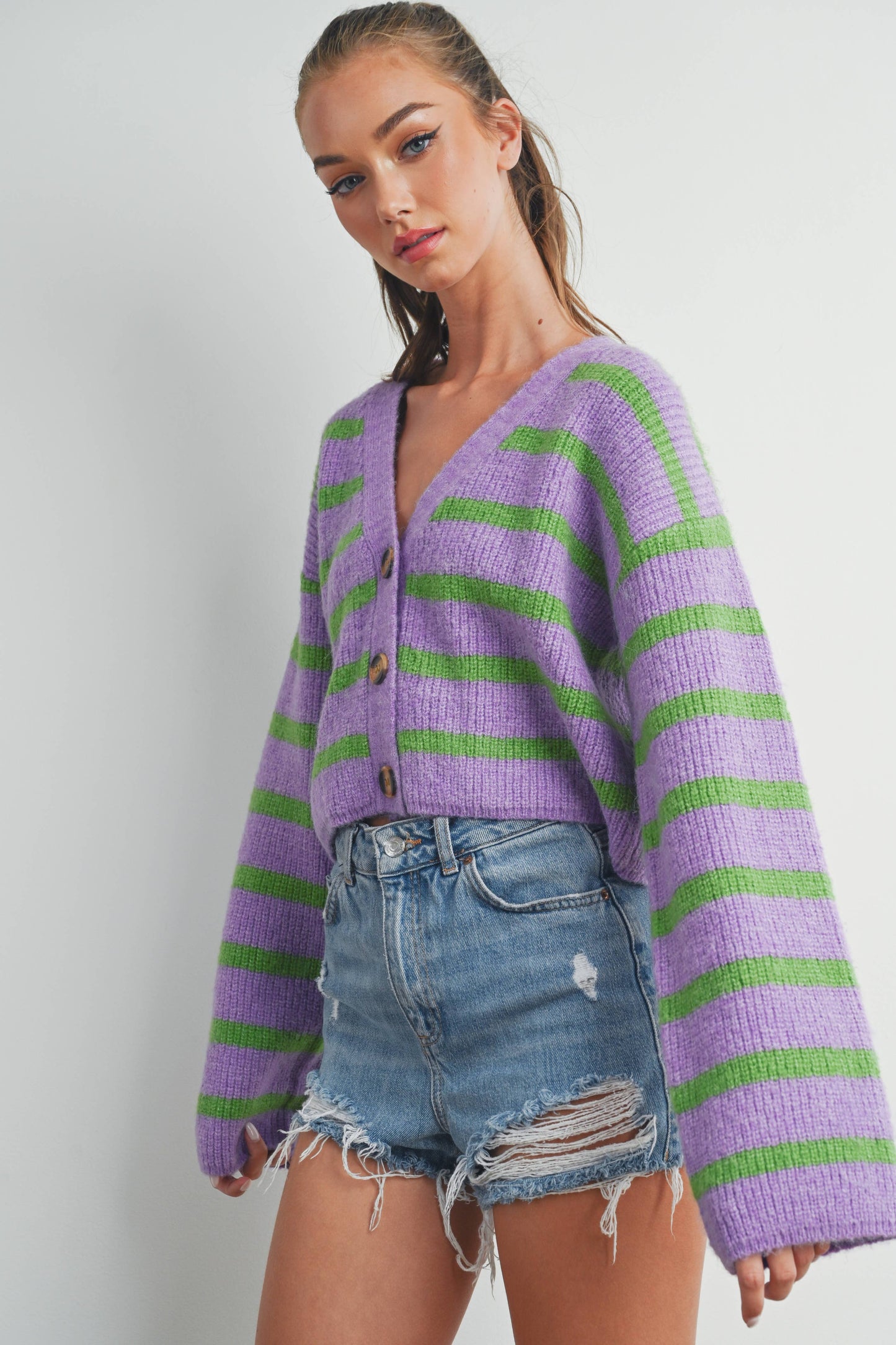 Buttermelon: Blue/mocha STRIPE COLOR BLOCK CROP FALL CARDIGAN