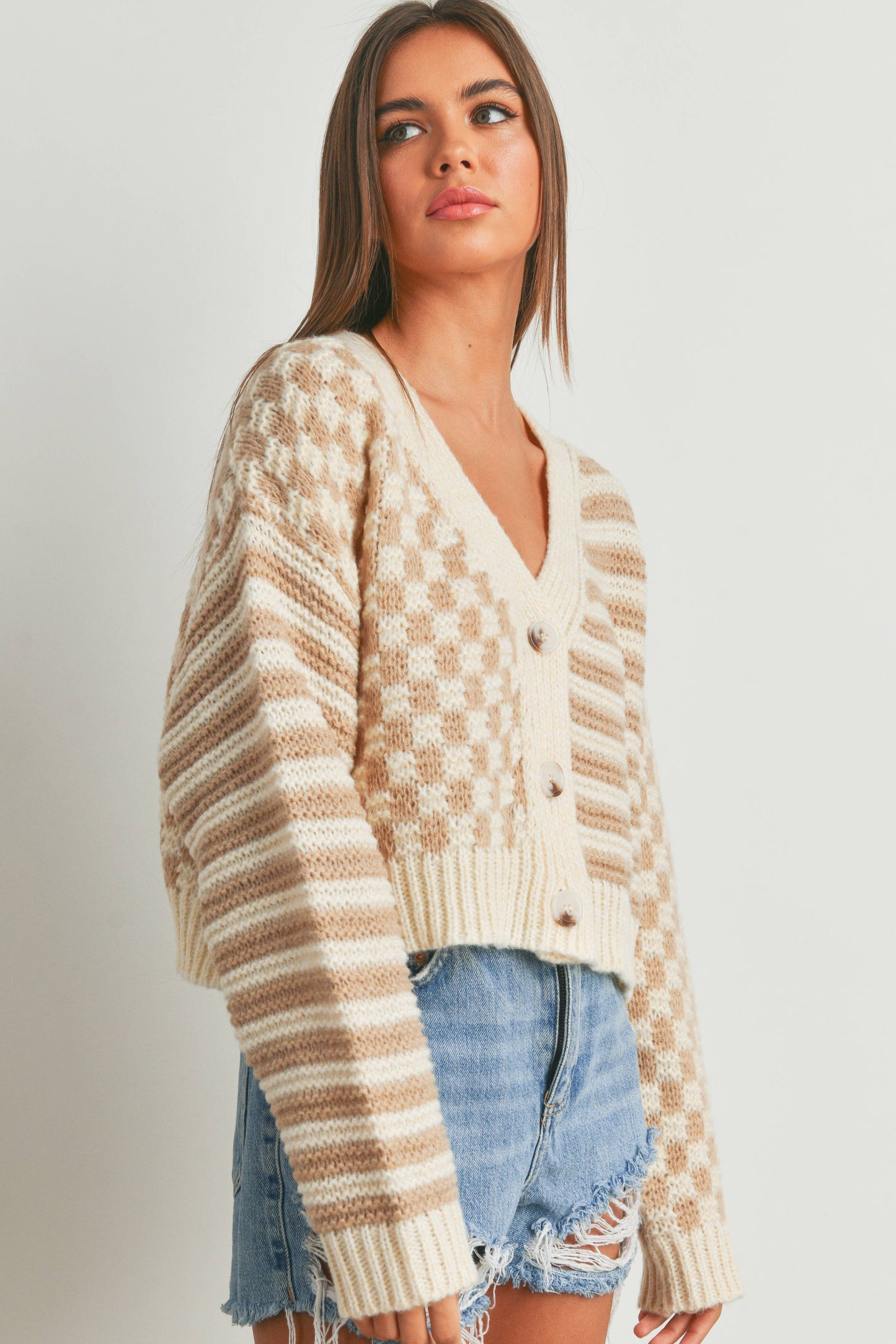 Buttermelon: OVERSIZED BUTTON DOWN Mauve/blue CHECKERED STRIPE CARDIGAN