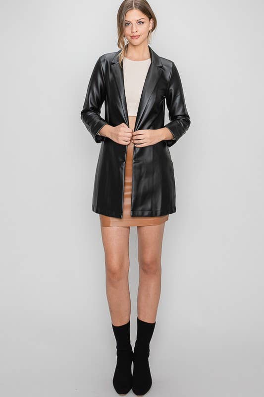 Lemon Tree: Black Pleather Oversized Blazer Jacket