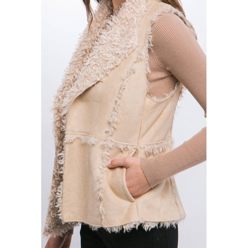 Lemon Tree: Shearling Suede Vest with Faux Fur Lining: KHAKI